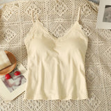 Fashion Korean Version Women's Crop Top Solid Color Lace Stitching V Neck With Chest Pad Sleeveless Tank Tops-Outfit
