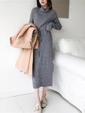 New 2022 Autumn Winter Women Dresses Turtleneck Oversize Drawstring Knitted Elegant Wild Ladies Long Dresses