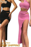 Women Sexy Two-piece Clothes Skirt Sets Summer Solid Color One-shoulder Vest and Slit Skirt Women's Suits Club