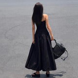 Black Tube Ruched Lace Up Maxi Dress-Outfit