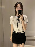 Fongt Fragrant Neckline With Black Thin Knitted Short-Sleeved T-Shirt For Women 2023 New Summer Short Ice Silk