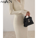 Women's Autumn and Winter Long Skirt Shows Thin and High Temperament Sexy Tight Hip Wrap Long Sleeve Knitted Dress White