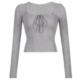 Harajuku Solid Crop Top Women Retro Drawstring Bandage Square Collar Long Sleeve T Shirt y2k Casual Streetwear Tees Basic-Outfit