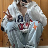 Aesthetic Embroidery Letters Zip Up Hoodie-Outfit