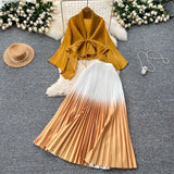 Fongt Wrinkled Butterfly Sleeve Gradient With Shawl Short Coat Top + Gradient 100 Folded Skirt Two-Piece Suit