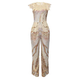 Printed Lace Stitching Sleeveless Round Neck