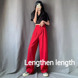 Lengthen Length Solid Pants Women 2020 Summer Elastic Waist High Waist Trouser Female Full Length Pocket Wide Leg