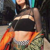 Fongt 2023 Autumn Black Full Transparent Mesh Yarn Bottom Shirt Female Long Sleeve Sexy Perspective Thin Net Shirt Super Elastic Gauze