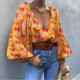 Puff Lantern Sleeve Blouse Elegant Fashion Women V-Neck Long Sleeve Shirts Spring Autumn Chic /Floral