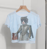 Front Double-Layer Mesh Hot Wood Ear Print Short-Cut Umbilly T-Shirt