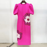 Fongt Star Fashion New Heavy Industry Nail Polish Slid Three-Dimensional Flower Short-Sleeved Dress