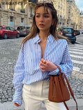 Woman Stripe Print T Shirts Button Turn-down Collar Long Sleeve Autumn Loose Casual Office Ladies Fashion Blouses
