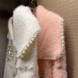 Knit Cardigan Jacket Autumn Winter New Fashion Loose Sweater Sequins Beaded Fake Mink Fleece Chic