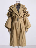 Temperament British Wind To Close The Waist Thin Long Coat 2025 Summer New Collar Splicing Lotle Leaf Side Design Wind Coat