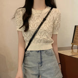 Fongt Temperament Hollow T-Shirt Girl Summer New Solid Color Short-Term Cash Waist Repair Slim Thin Short-Sleeved Top
