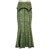 Green Lace Printed Trumpet Long Skirt-Outfit