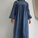 Fongt Round-Neck Solid-Colored Casual Long-Sleeved Denim Dress In Fall 2025