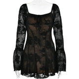 Long Sleeve Lace Square Neck Mini Dress-Outfit