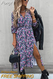 Winter Long Floral Print Dress Robe for Women 2023 Casual Long Sleeve Split Dress Female Boho Elegant Maxi Party