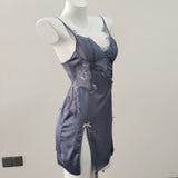Fongt Lace Open-Forked Bow Pajamas 2025 New Sexy Thin Sling Ice Ribbon Women's Sleeping Skirt With Chest Cushion