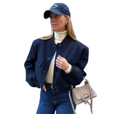 Fongt Color Jacket 2023 Stand Collar Double Pocket Solid Color Locomotive Ker Pilot Jacket Cotop Female-Outfit