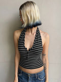 Fongt Wind Street Personality Hottie Striped Small Vest Three-Grained U-Neck Hanging Neck Knitting Top Casual Women's Clothing