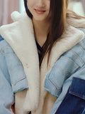 Fongt No Doubt Liang Shuang With The 2024 New Velvet Thick Denim Stitching Lamb Lapel Cotton Jacket Coat Female-Outfit