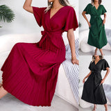 Explosion Real Shooting Spring And Summer Temperament Cross V Collar Big Swing 100-Fold Dress Women's