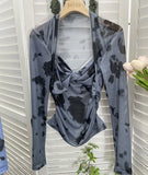 Explosion Tie-Dye-Print Long Sleeve Bottom Sexy Hottie V-Neck T-Shirt Folded Slimming Mesh Yarn Top