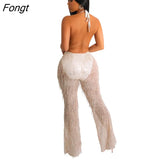 Sequins Tassel Sheer Mesh Jumpsuit Women Sexy Deep V Neck Lace Up Halter Backless Club Party Overalls Wide Leg