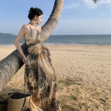 Fongt Retro Halter Dress Female V Collar Small Back Hollow Show Thin Holiday Fairy Skirt Spring-Outfit