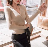 Shot Autumn And Winter New Low-Cut Tight Sexy Sweater Women's Thread Cross Deep V Neck Sweater Nightclub-Outfit