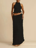 Halterneck Ruched Open Back Tie Up Top And Maxi Skirt Set-Outfit