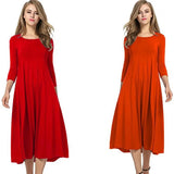 Women Round Neck Shirt Half Sleeve Solid Long Skirt Color Wide Hem