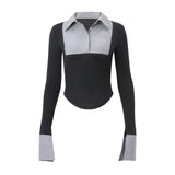 Fongt Women's Autumn Burst Spell Color Stripe POLO Collar Retro Hot Girl Show Thin-Outfit