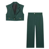 Fongt New Women's Short Lap Collar Vest Vest Top High Waist Broad Leg Trousers Set