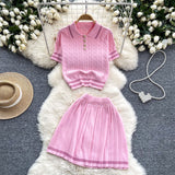 Fongt New Knitted Shirt Two Sets Of Women Retro Short-Sleeved Top + High-Waisted Folded Skirt