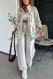 Fongt Women's Straight Trousers Two-Piece Solid Fashion Long-Sleeved Jacket Three-Dimensional Pocket 3035
