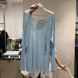 T-shirt Loose Large Size Is Thin Round Neck Open Back Thin Section Slightly Transparent Slit Long-sleeved