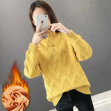 Thicken Plus Velvet Sweaters For Women Casual Warm Knit Pullovers Korean Fleece Lined Knitwear Ribbed Bottomed Tops