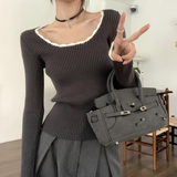 Contrast Color Trim Slim Long Sleeve Knit Top-Outfit