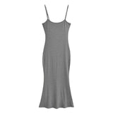 Trendy Women's Dress Hot Girls Sexy Basic Solid Color High Waist Show Thin Medium-Long Halter Skirt Hip Dress-Outfit