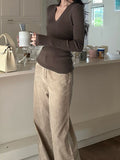 Fongt Tea Color V-Neck Knitted Shirt Slimy Temperament Fashion Thin Inside The Bottom Shirt Tight Cashmere Sweater Woman