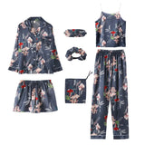 Spring 7 Pieces Set Silk Elegant Women Pajamas stripe Shorts Long Sleeve Tops Elastic Waist Pants Full Lounge