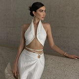 Fongt Style 2023 Summer Women's Wear Sexy V-Neck Design Sense Hook Buckle Dew Back Hanging Neck