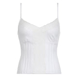 Fongt Wind Lace Splicing Print Net Gauze Condole Belt Female Fashion V Collar Slim Perspective Feeling Small Vest-Outfit