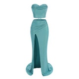 Blue Rhinestone Crop Corset And Maxi Slit Skirt Set-Outfit