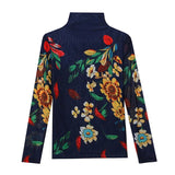 Autumn Winter Women's Long Sleeve Turtleneck T-shirts Lady Positioning Printing Flowers TShirt FF0837-Outfit