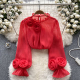 Fongt Shirt Female Design Sense Small Three-Dimensional Flower Bubble Sleeves To Reduce The Age Of Pure Color Chiffon Shirt Women's Long-Sleeved Top
