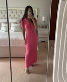 Fongt Summer New Women's Pure Color Collar Simple Long Dress